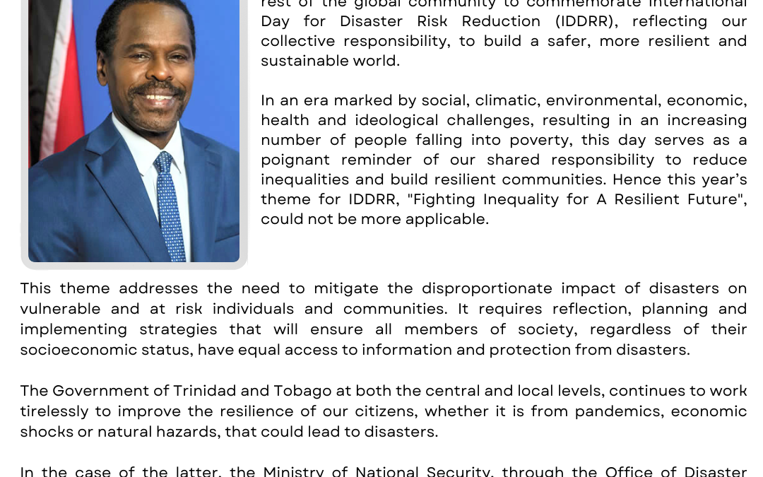 Statement on International Day of Disaster Risk Reduction by Minister of National Security, the Honourable Fitzgerald Hinds M.P.