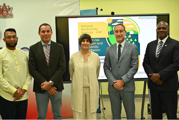 Left to right: Anwar Baksh, Project Manager UNDRR;Mr. Julius Smith, Environmental Biologist, Ministry of Planning, Economic Affairs and Development; Dr Lena Demplewolf, Biodirversity Specialist, Ministry of Planning, Economic Affairs and Development; Mr. Ugo Blanco, Resident Coordinator (Ag) United Nations Office for Trinidad and Tobago, Curacao and St. Maarten; Major General (Retired) Rodney Smart, Chief Executive Officer, Office of Disaster Preparedness and Management.