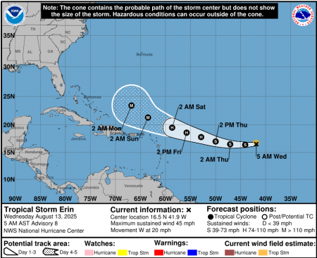 Tropical Storm Erin Tracks Westward